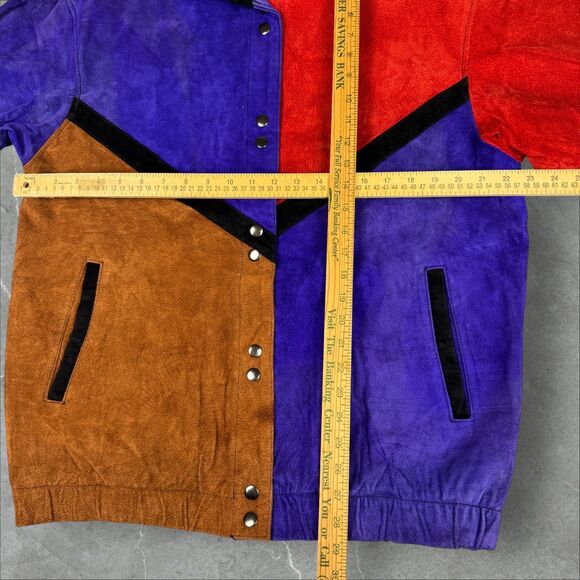 Vintage 80's Jacqueline Ferrar Patchwork Color Block Suede Leather Bomber Jacket - Picture 4 of 8